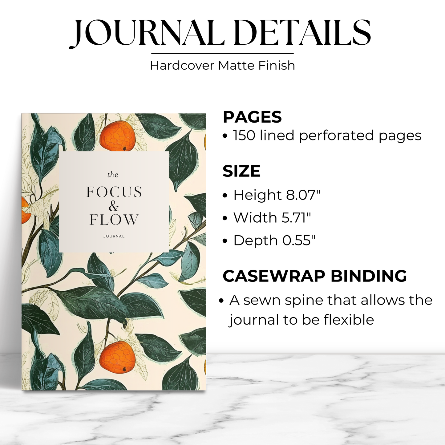 Floral Hardcover Journal Matte, Focus and Flow Notebook, Bullet Journal, Dot Grid Diary, Writing Pad, Gift for Writers, Mental Health Tool