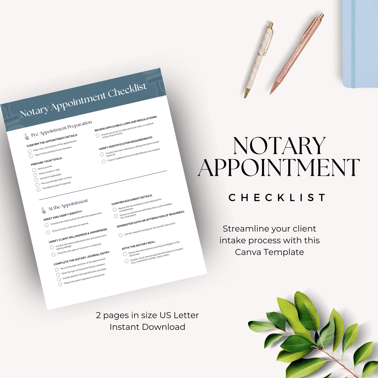 Notary Appointment Checklist Canva template