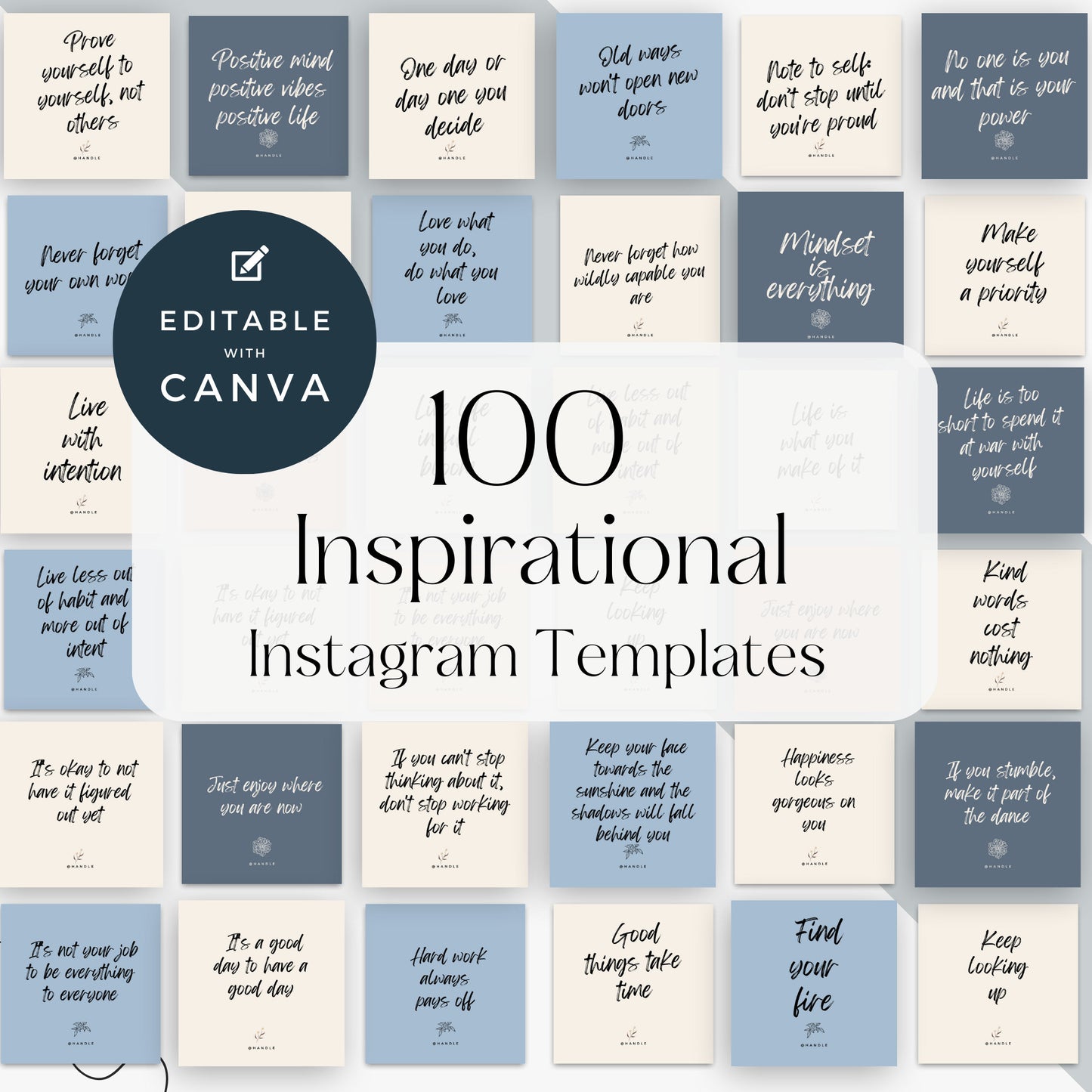 100 inspirational instagram templates in a grid format, editable in canva